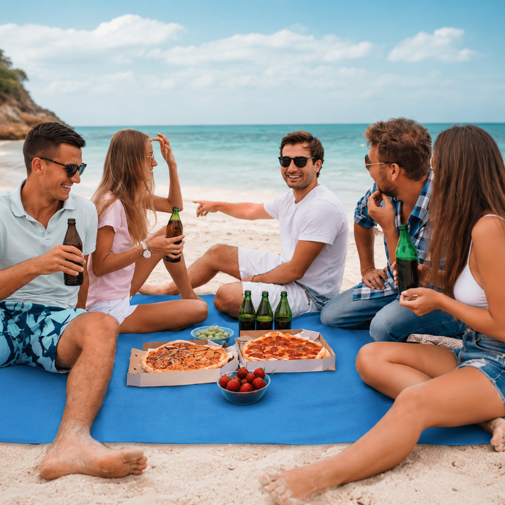 Sand-free beach mat made from moisture-resistant fabric, designed for outdoor use at the beach or picnics, available in multiple sizes, lightweight and easy 7
