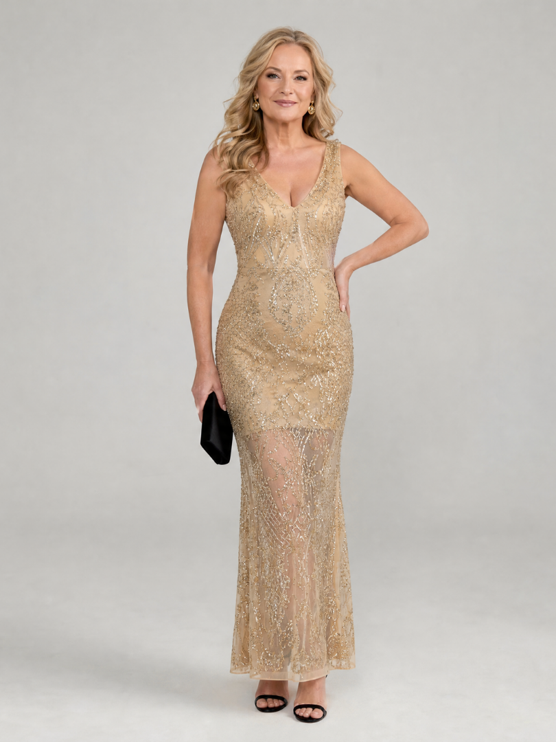 Sequin midi dress featuring sheer panels and a V neckline, designed for elegant evening wear in lightweight mesh fabric. 0