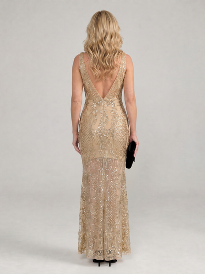Sequin midi dress featuring sheer panels and a V neckline, designed for elegant evening wear in lightweight mesh fabric. 3