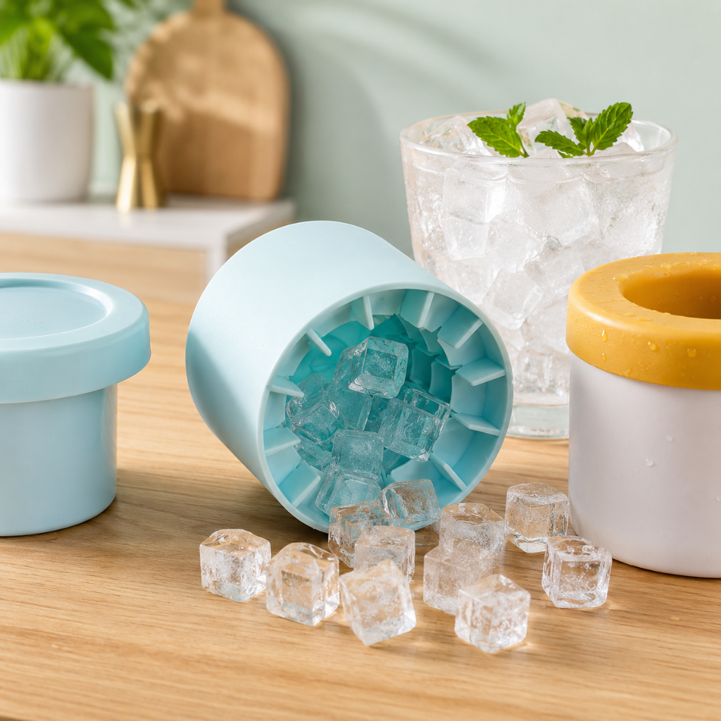 Silicone Ice Cube Maker in Ice Blue and Yellow White, featuring an easy release design for hassle-free ice cube removal, perfect for home use or outdoor 1