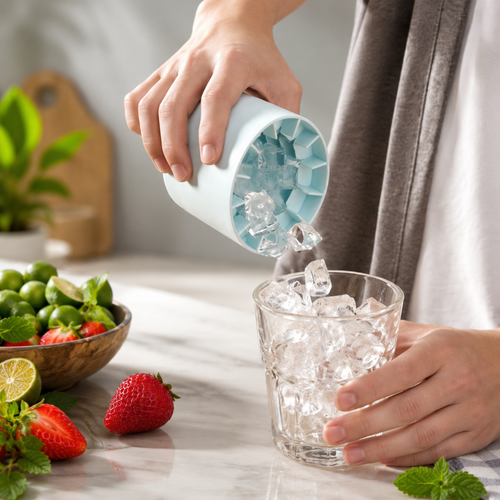 Silicone Ice Cube Maker in Ice Blue and Yellow White, featuring an easy release design for hassle-free ice cube removal, perfect for home use or outdoor 2