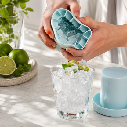 Silicone Ice Cube Maker in Ice Blue and Yellow White, featuring an easy release design for hassle-free ice cube removal, perfect for home use or outdoor 3