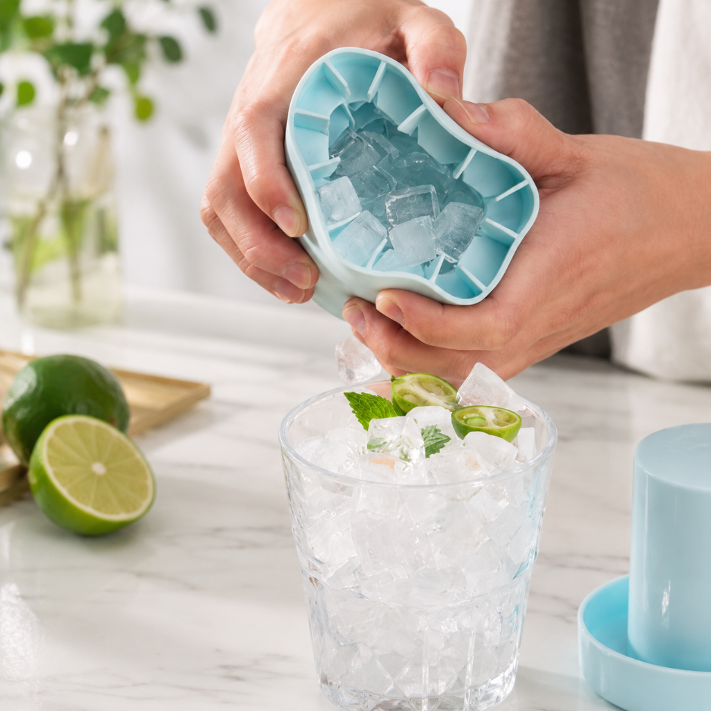 Silicone Ice Cube Maker in Ice Blue and Yellow White, featuring an easy release design for hassle-free ice cube removal, perfect for home use or outdoor 4