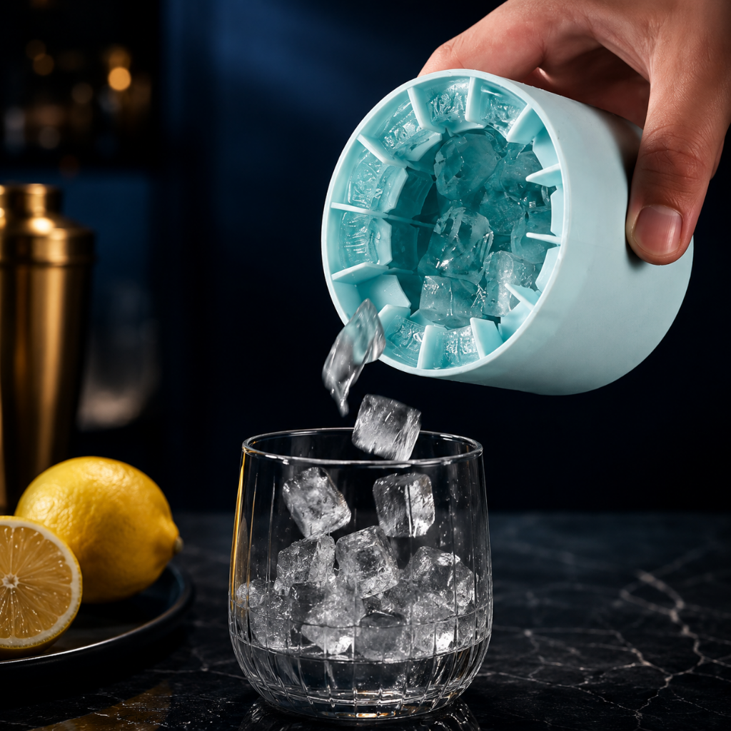 Silicone Ice Cube Maker in Ice Blue and Yellow White, featuring an easy release design for hassle-free ice cube removal, perfect for home use or outdoor 5