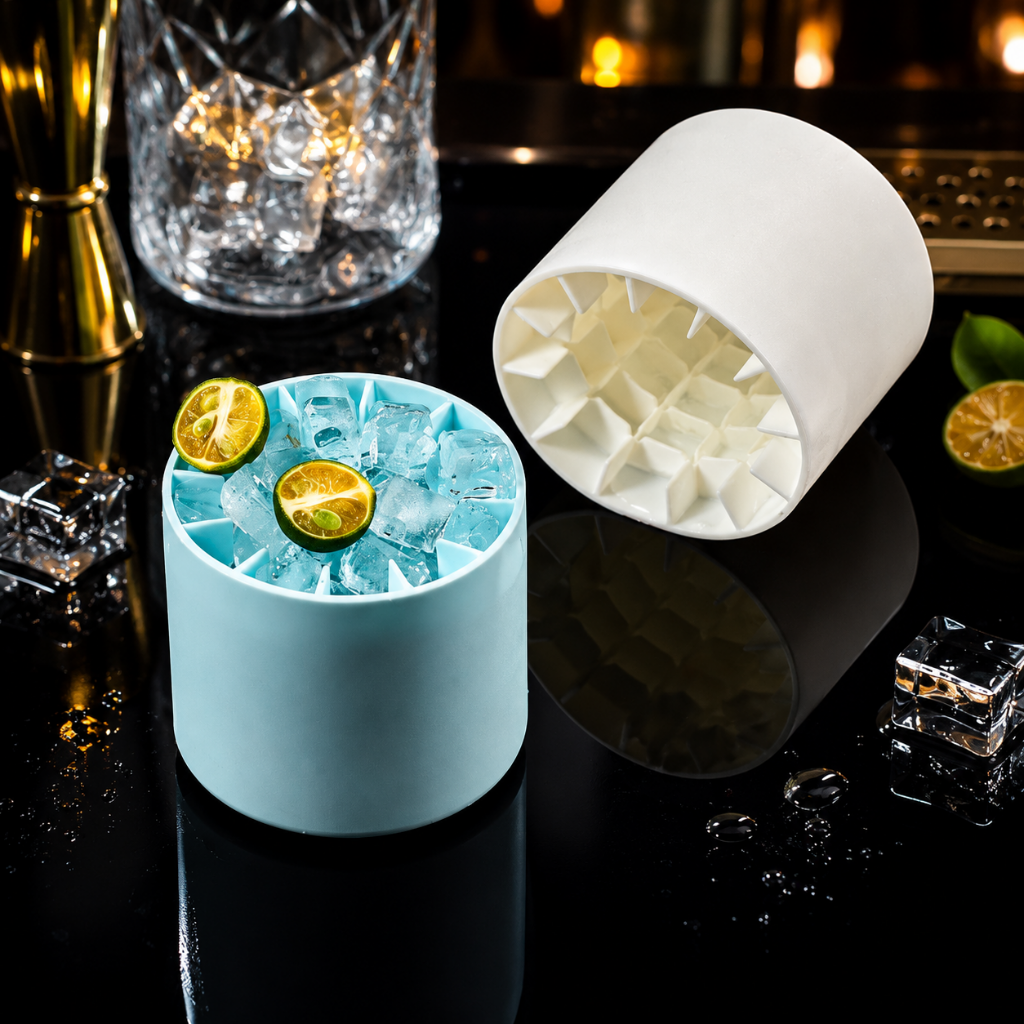 Silicone Ice Cube Maker in Ice Blue and Yellow White, featuring an easy release design for hassle-free ice cube removal, perfect for home use or outdoor 6