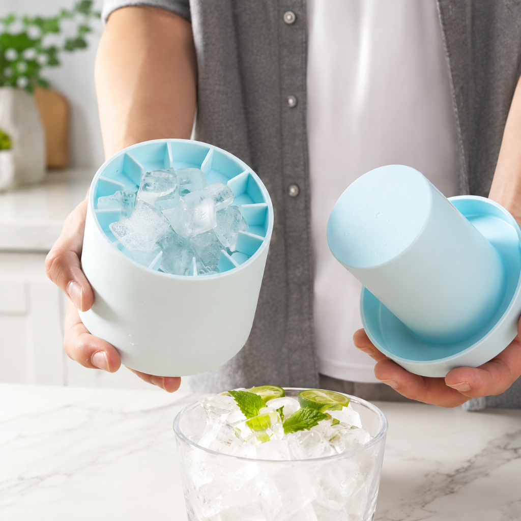 Silicone Ice Cube Maker in Ice Blue and Yellow White, featuring an easy release design for hassle-free ice cube removal, perfect for home use or outdoor 7