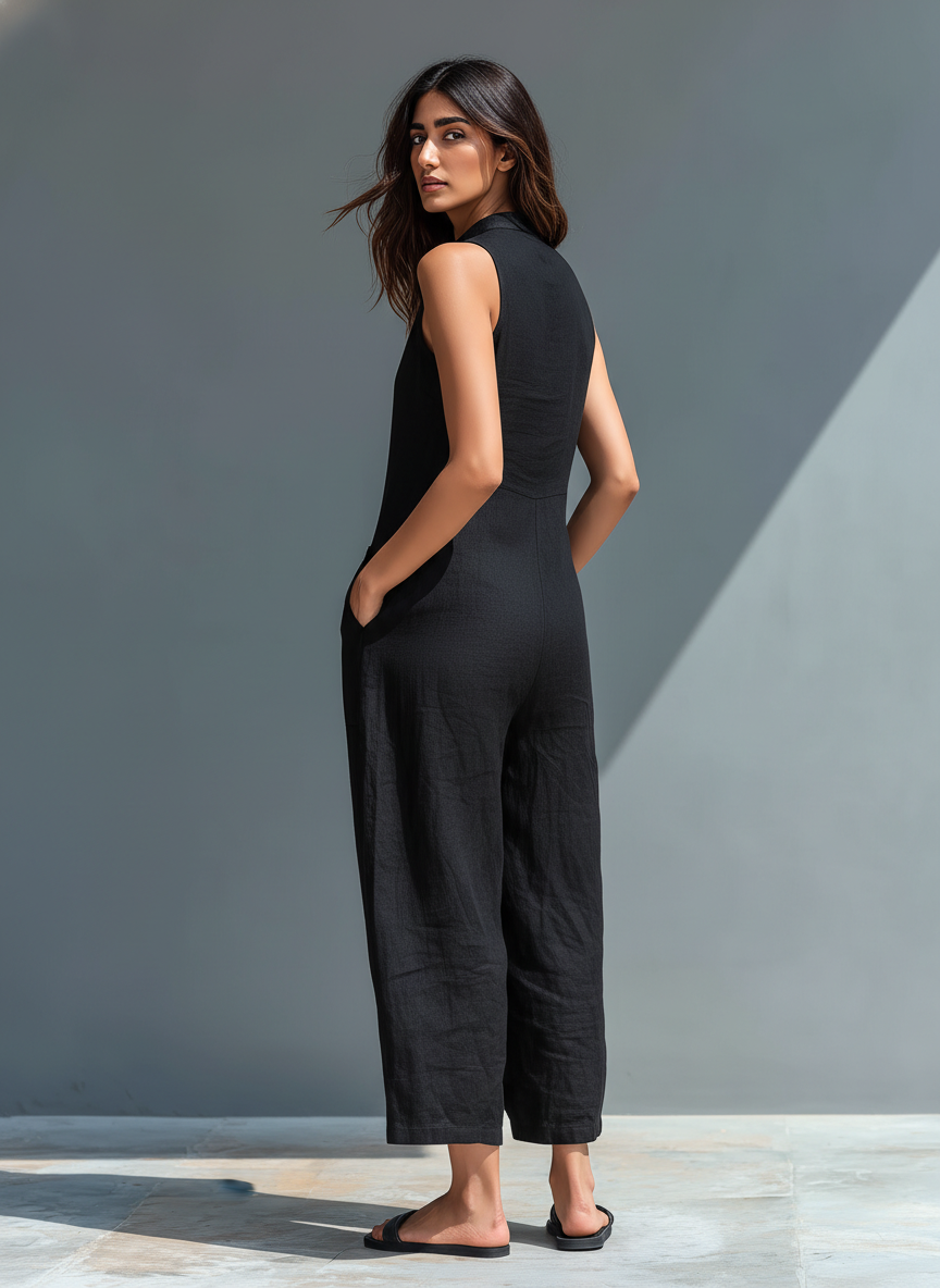 Sleeveless jumpsuit with a mandarin collar made from lightweight, breathable fabric, perfect for an elegant and stylish look. 2