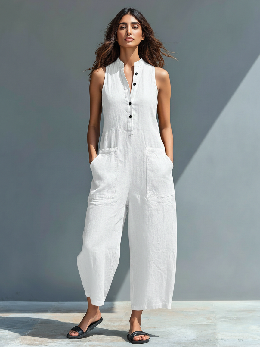 Sleeveless jumpsuit with a mandarin collar made from lightweight, breathable fabric, perfect for an elegant and stylish look. 6