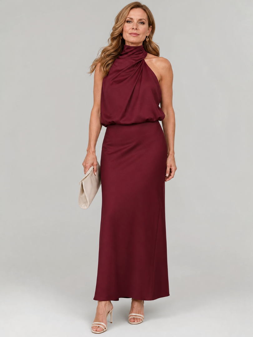 Sleeveless midi dress with draped neckline and gathered waist, showcasing elegant day-to-night wear in smooth fabric, perfect for any occasion. 0