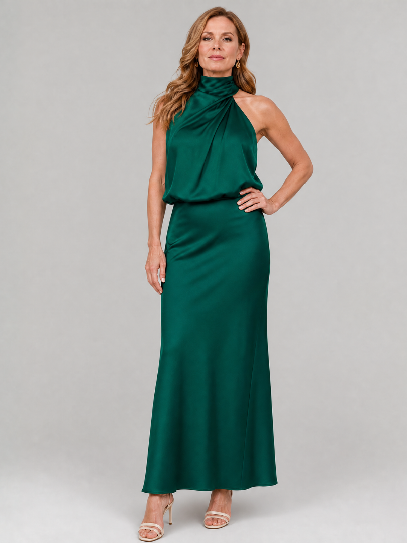 Sleeveless midi dress with draped neckline and gathered waist, showcasing elegant day-to-night wear in smooth fabric, perfect for any occasion. 4