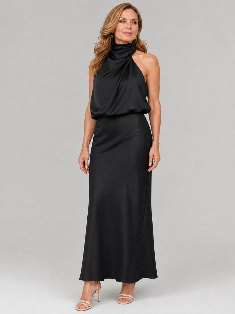 Sleeveless midi dress with draped neckline and gathered waist, showcasing elegant day-to-night wear in smooth fabric, perfect for any occasion. 7