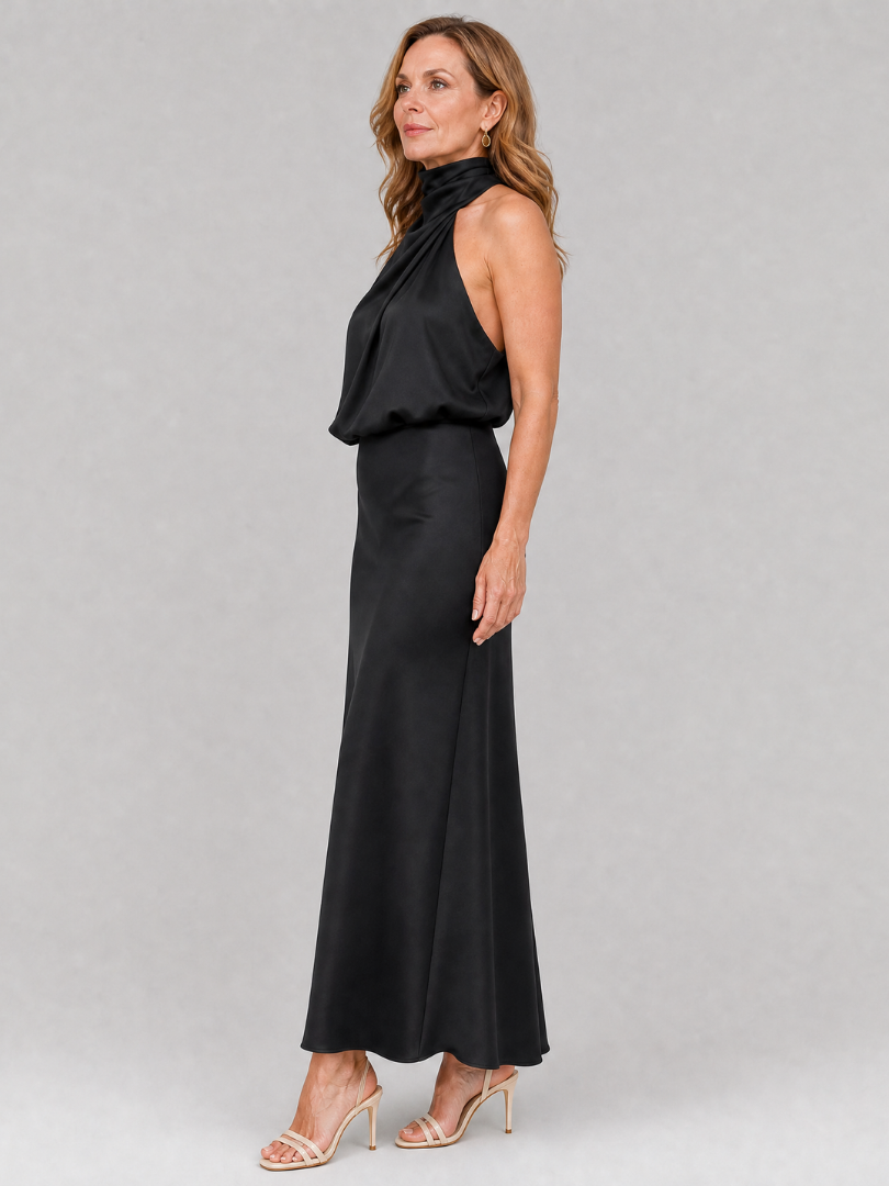 Sleeveless midi dress with draped neckline and gathered waist, showcasing elegant day-to-night wear in smooth fabric, perfect for any occasion. 8