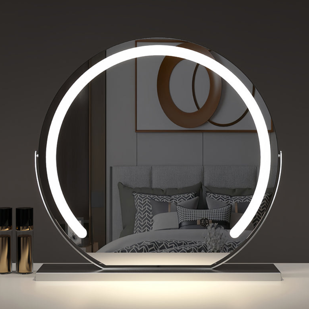Smart Touch Lighted Makeup Mirror featuring 360° rotation and adjustable tri-tone LED lighting for perfect makeup application. 2
