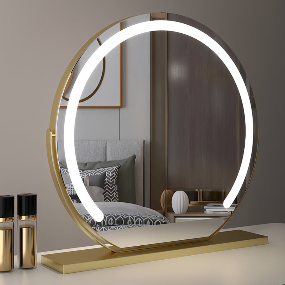 Smart Touch Lighted Makeup Mirror featuring 360° rotation and adjustable tri-tone LED lighting for perfect makeup application. 4