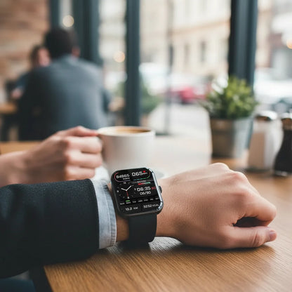 Smartwatch featuring blood pressure and blood sugar monitoring, designed with a durable zinc alloy and silicone strap for comfort and longevity. 0
