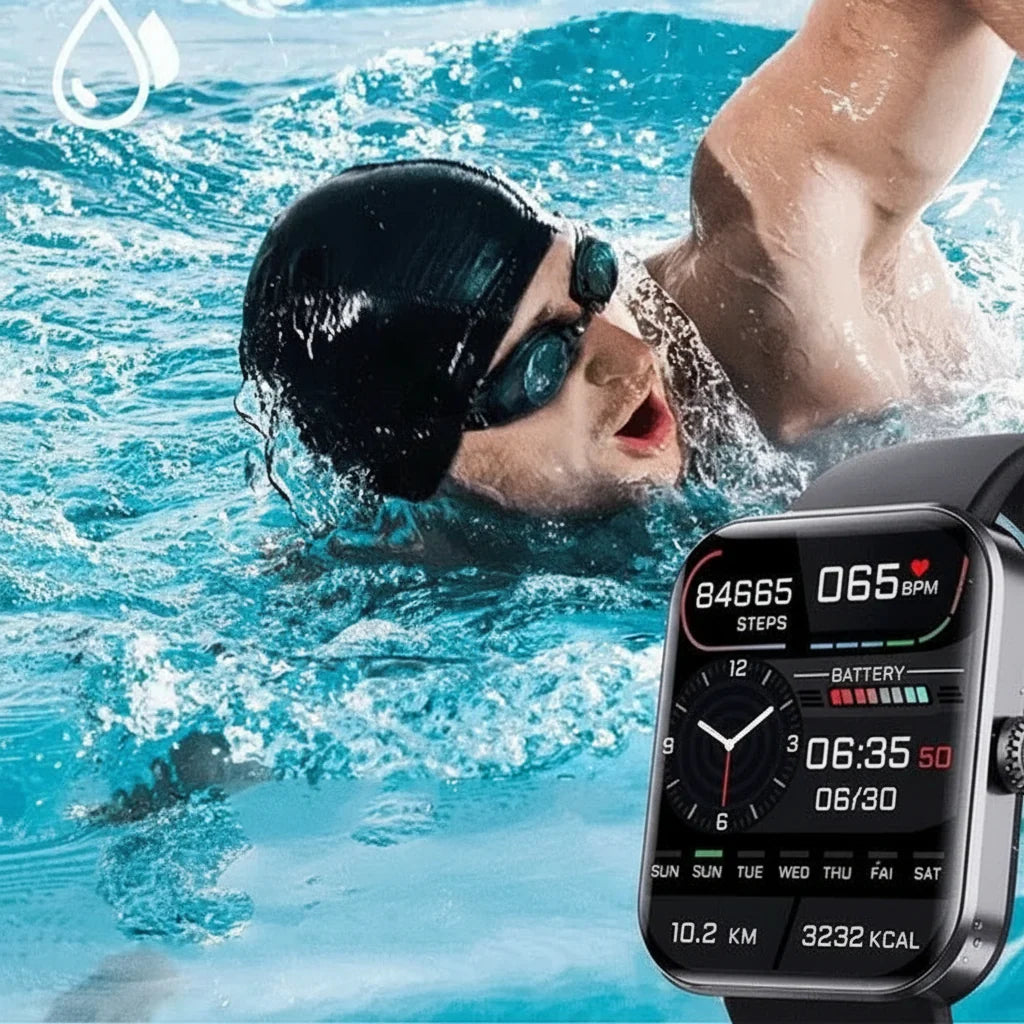 Smartwatch featuring blood pressure and blood sugar monitoring, designed with a durable zinc alloy and silicone strap for comfort and longevity. 2