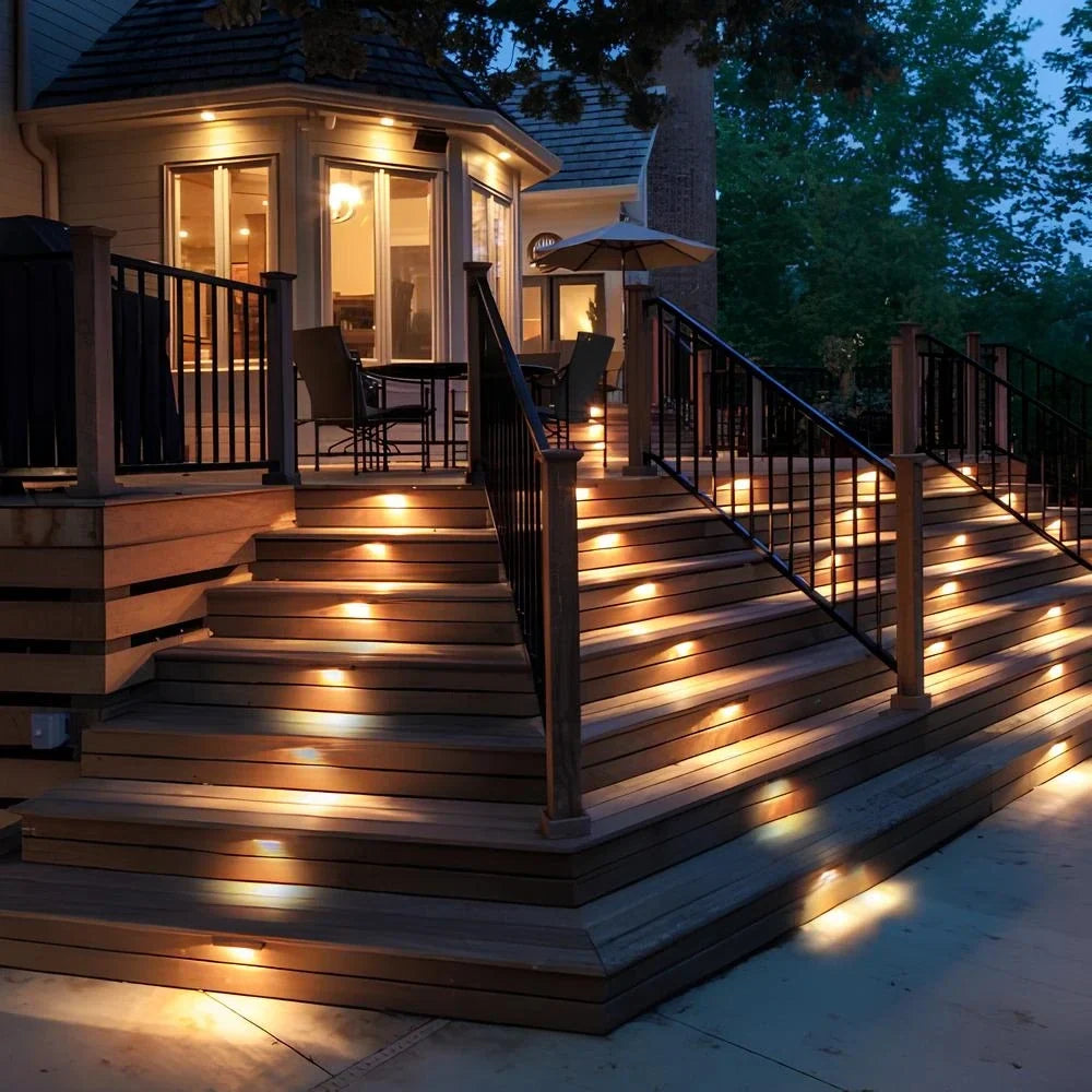 Solar step lights for outdoor use, featuring a compact design in brown or black housing, sold in an 8 pack, ideal for illuminating pathways and enhancing 2