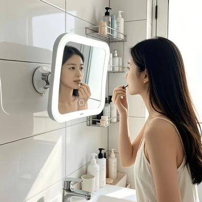 Suction cup makeup mirror featuring 10X magnification and dual LED lights, designed in white plastic and glass for a stylish vanity addition. 4