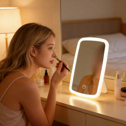 Tabletop makeup mirror featuring touch dimming and three color lighting options, designed for portable use with USB power, perfect for flawless makeup application. 0