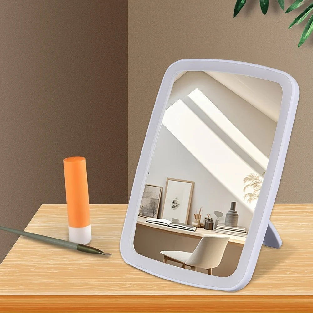 Tabletop makeup mirror featuring touch dimming and three color lighting options, designed for portable use with USB power, perfect for flawless makeup application. 3