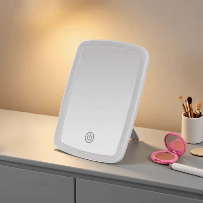 Tabletop makeup mirror featuring touch dimming and three color lighting options, designed for portable use with USB power, perfect for flawless makeup application. 5