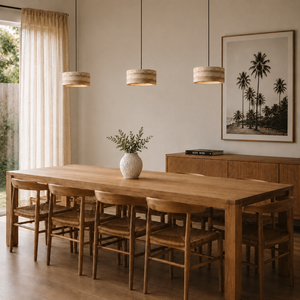 Travertine pendant light featuring a natural stone design and dimmable LED functionality, ideal for modern home decor. 1