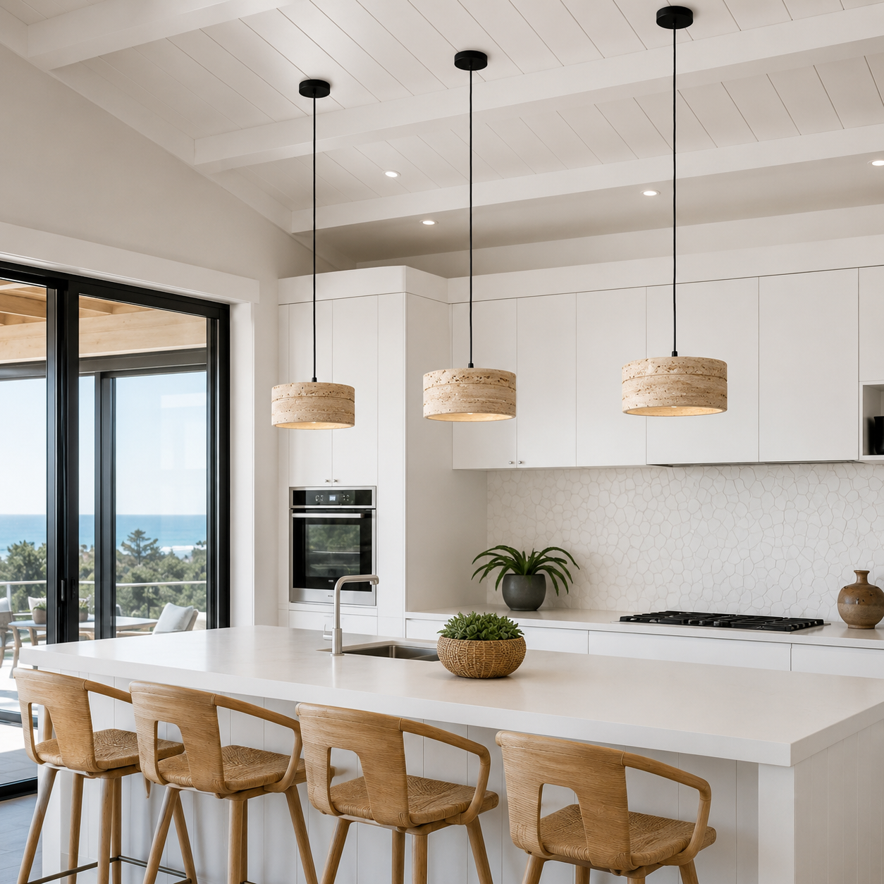 Travertine pendant light featuring a natural stone design and dimmable LED functionality, ideal for modern home decor. 2