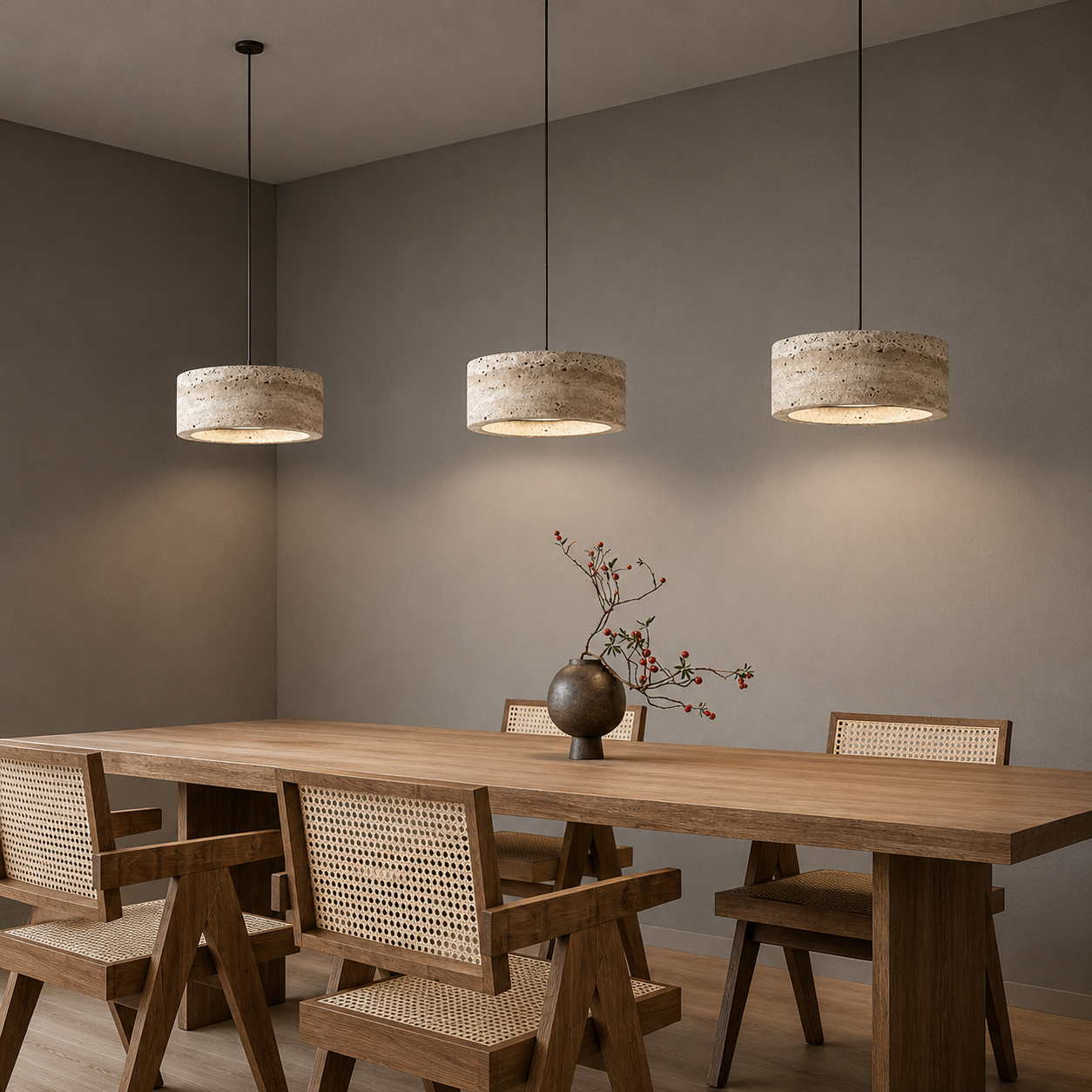 Travertine pendant light featuring a natural stone design and dimmable LED functionality, ideal for modern home decor. 4
