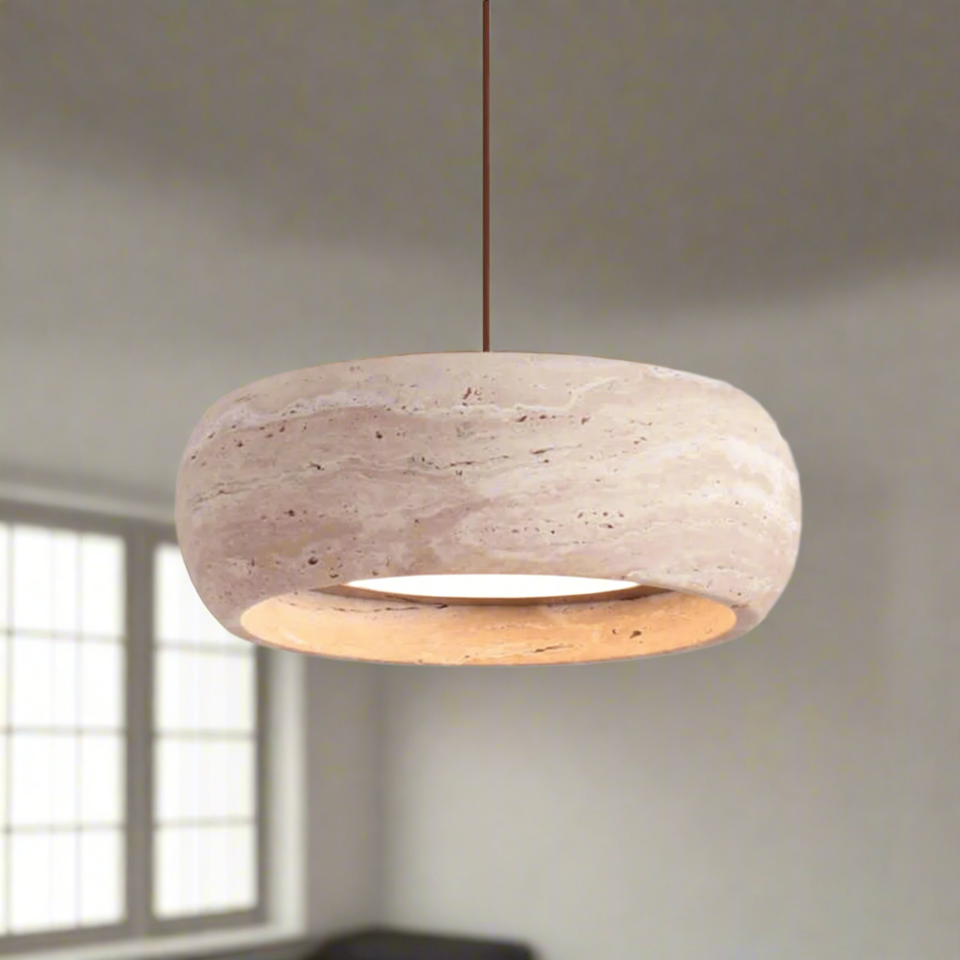 Travertine pendant light featuring a natural stone design and dimmable LED functionality, ideal for modern home decor. 7