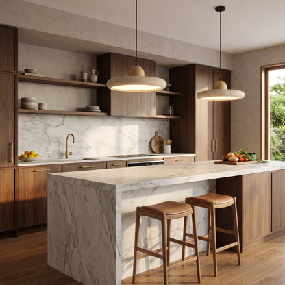 Travertine pendant light with integrated LED and natural wood accents, designed for kitchen islands, providing a warm ambient glow. 0