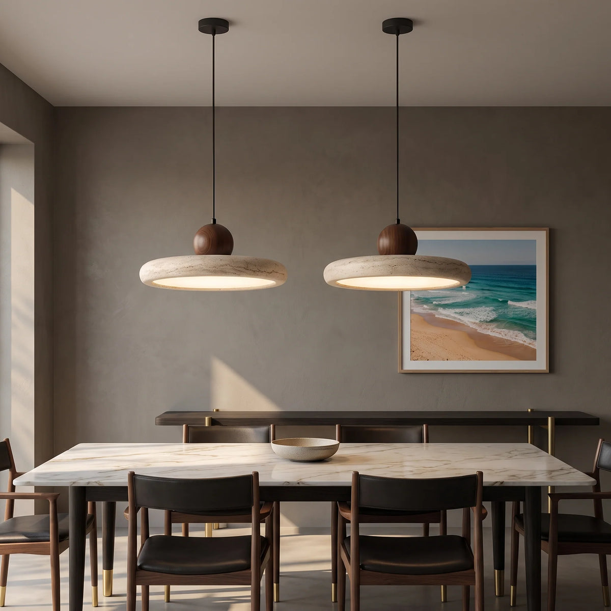 Travertine pendant light with integrated LED and natural wood accents, designed for kitchen islands, providing a warm ambient glow. 1