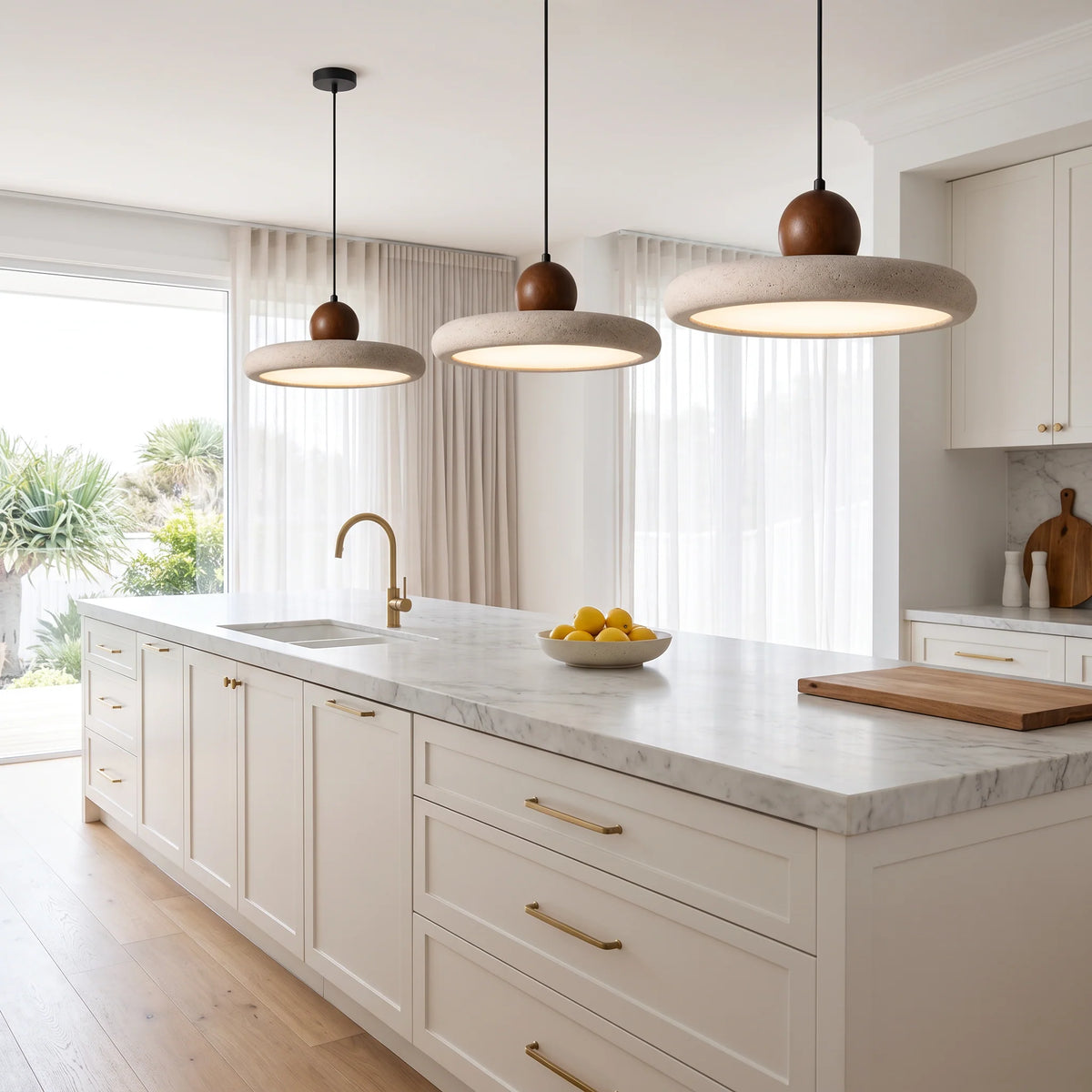 Travertine pendant light with integrated LED and natural wood accents, designed for kitchen islands, providing a warm ambient glow. 2