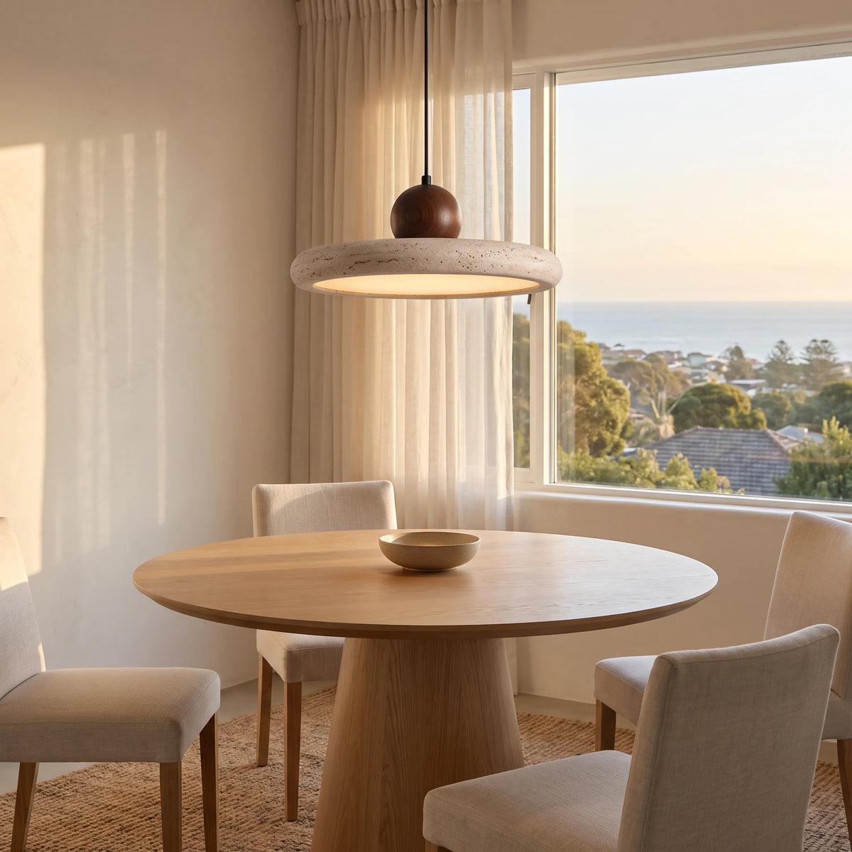Travertine pendant light with integrated LED and natural wood accents, designed for kitchen islands, providing a warm ambient glow. 3