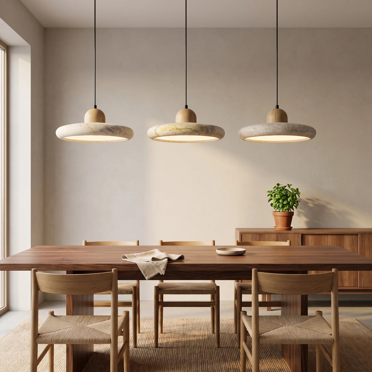 Travertine pendant light with integrated LED and natural wood accents, designed for kitchen islands, providing a warm ambient glow. 4