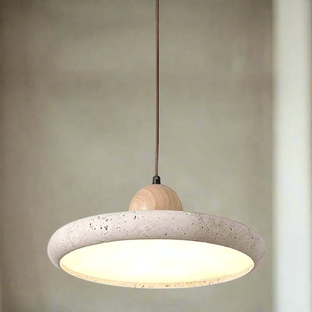 Travertine pendant light with integrated LED and natural wood accents, designed for kitchen islands, providing a warm ambient glow. 5