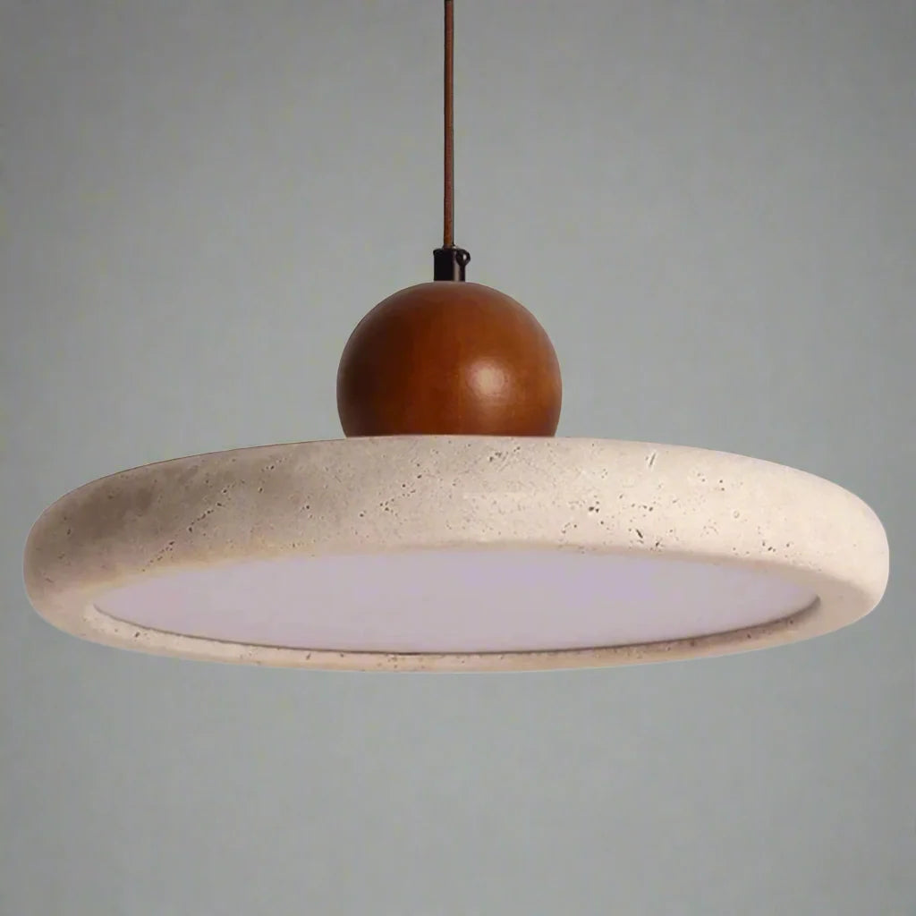 Travertine pendant light with integrated LED and natural wood accents, designed for kitchen islands, providing a warm ambient glow. 6