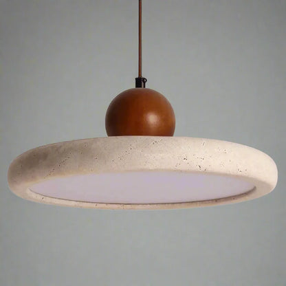 Travertine pendant light with integrated LED and natural wood accents, designed for kitchen islands, providing a warm ambient glow. 6