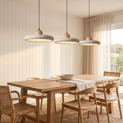 Travertine pendant light with integrated LED and natural wood accents, designed for kitchen islands, providing a warm ambient glow. 7