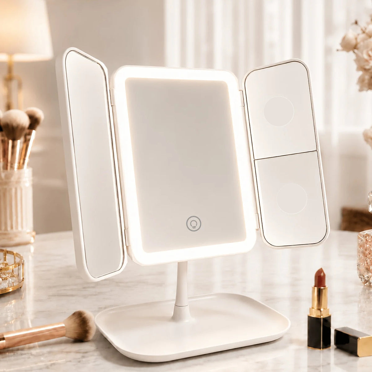 Tri-fold makeup mirror in white and pink featuring a touch light and 1X, 2X, 3X magnification for enhanced makeup application 0