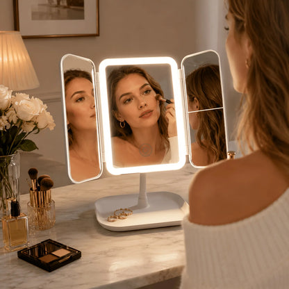 Tri-fold makeup mirror in white and pink featuring a touch light and 1X, 2X, 3X magnification for enhanced makeup application 2