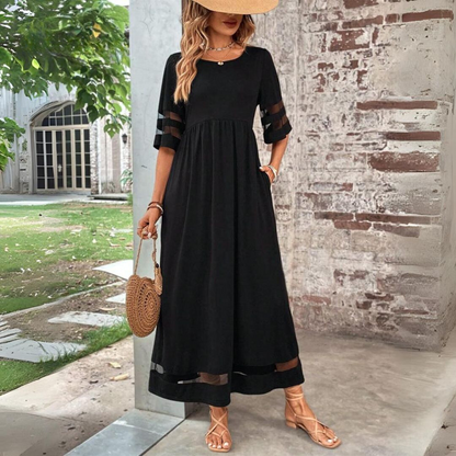 Tummy-smoothing midi dress featuring an empire waist and flowing skirt, designed for women with long sleeves in a classic white color. 0