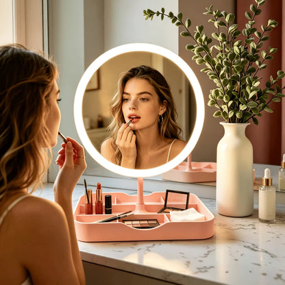 Vanity makeup mirror with adjustable dimmable LED lights and a stylish organizer base in white and pink, perfect for beauty routines and enhancing makeup application. 1