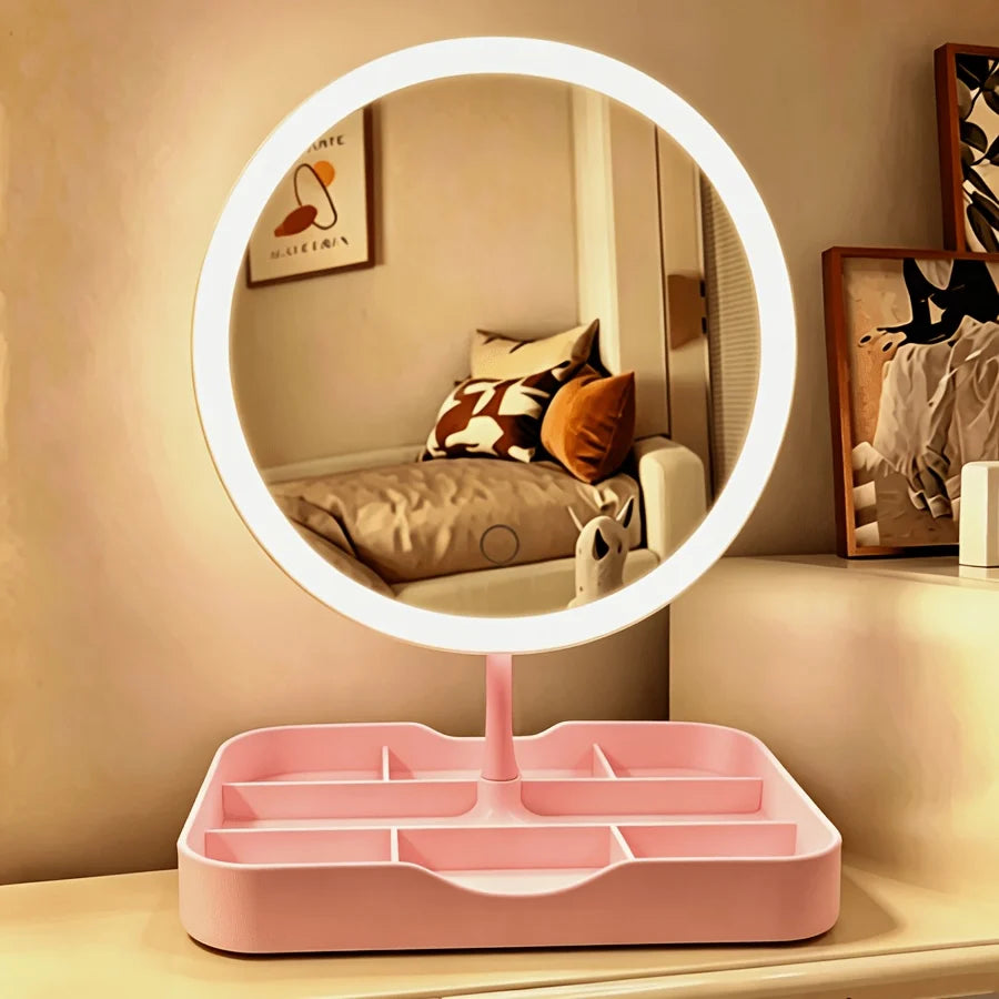 Vanity makeup mirror with adjustable dimmable LED lights and a stylish organizer base in white and pink, perfect for beauty routines and enhancing makeup application. 2