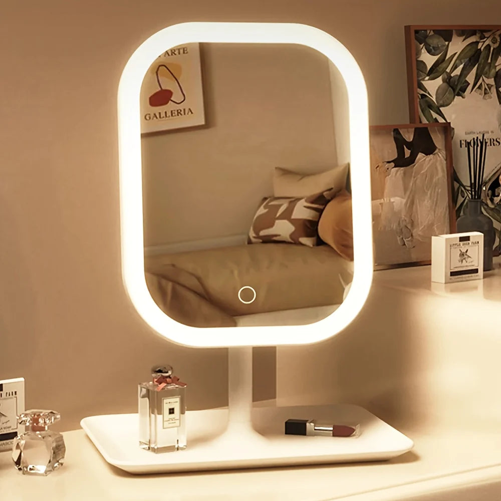 Vanity makeup mirror featuring dimmable LED lights and a rotating design, showcased in an elegant white and pink finish. 0