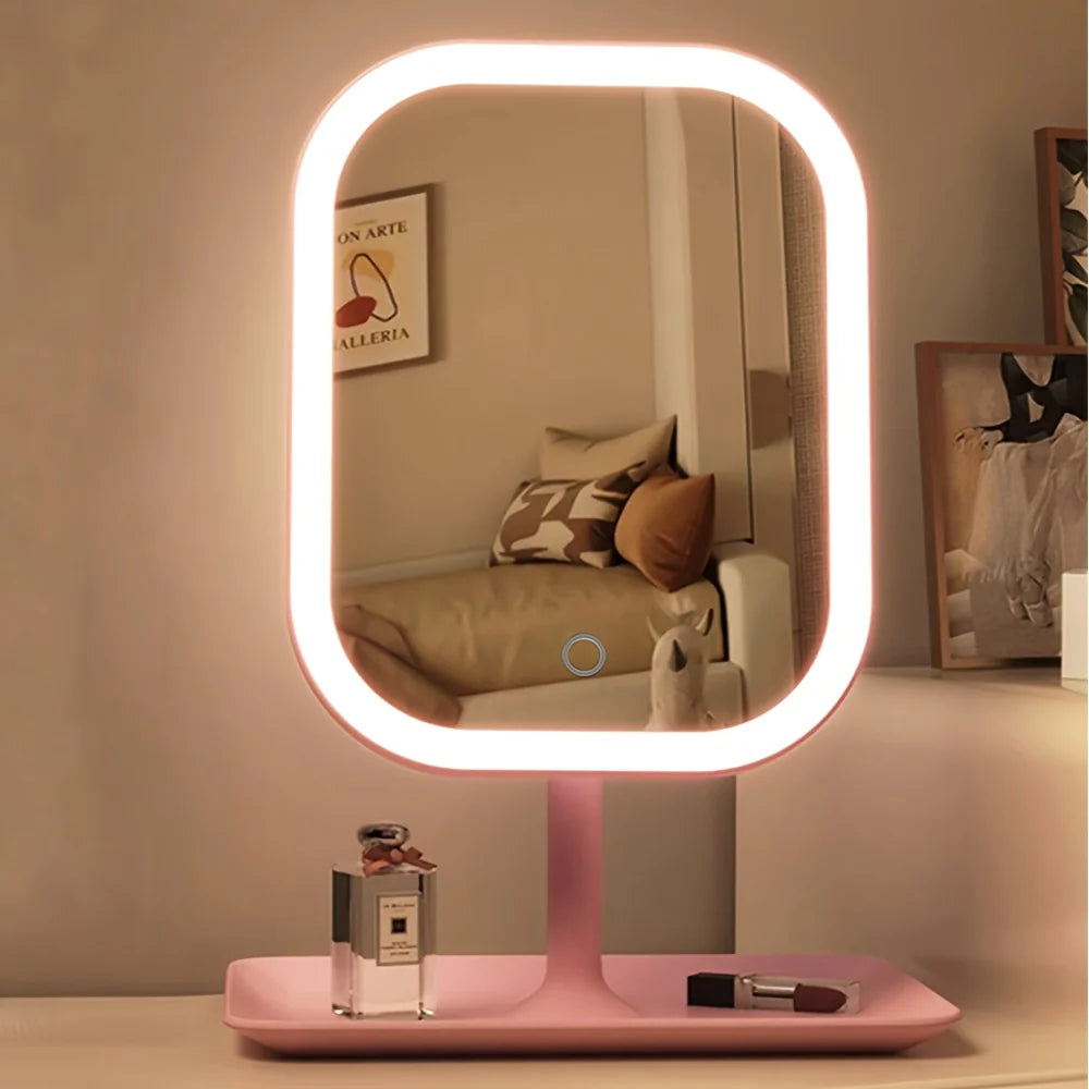 Vanity makeup mirror featuring dimmable LED lights and a rotating design, showcased in an elegant white and pink finish. 1