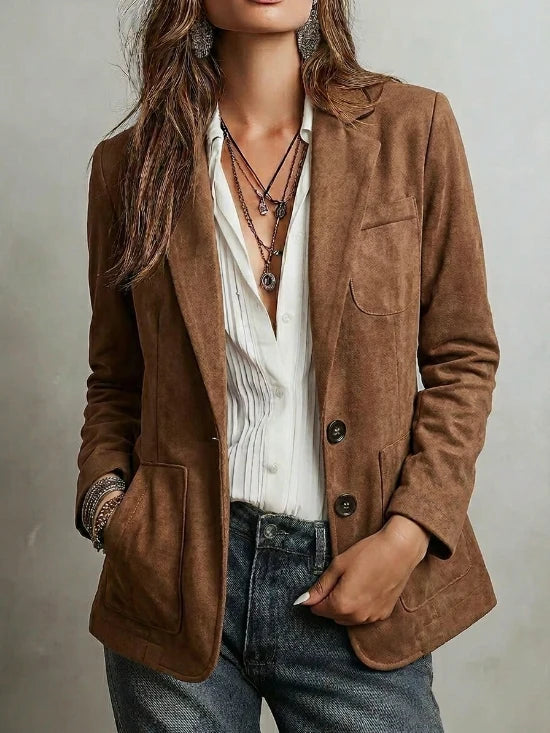 Vintage blazer jacket featuring contrast stitching, showcasing a minimalist design in neutral tones, perfect for stylish, versatile outfits. 0