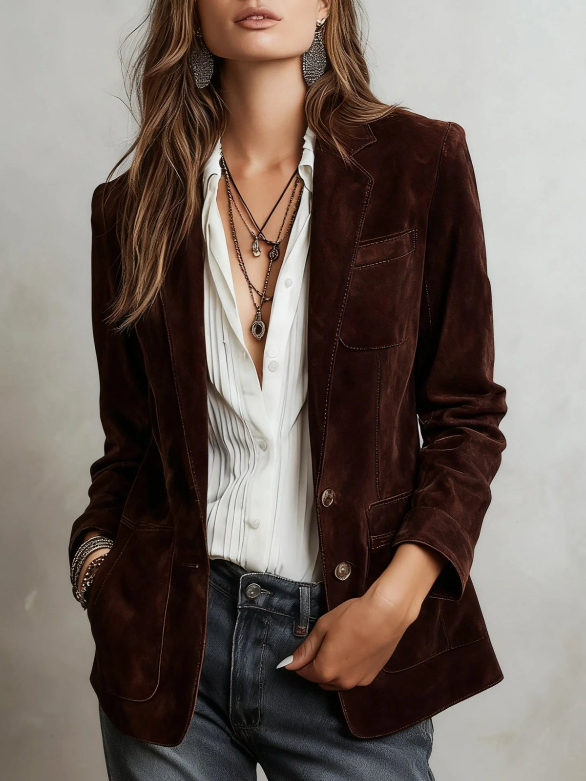 Vintage blazer jacket featuring contrast stitching, showcasing a minimalist design in neutral tones, perfect for stylish, versatile outfits. 2