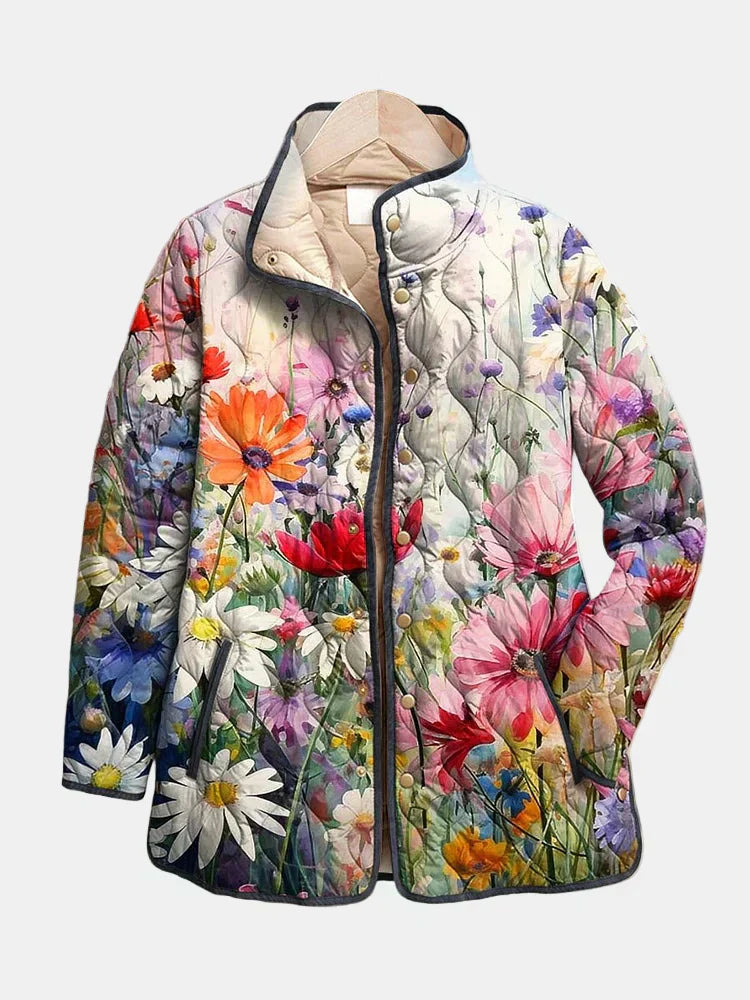 Vintage floral quilted jacket featuring a feminine silhouette, designed for lightweight comfort and warmth, perfect for stylish layering in any season. 0