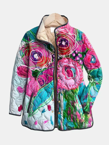 Vintage floral quilted jacket featuring a feminine silhouette, designed for lightweight comfort and warmth, perfect for stylish layering in any season. 2