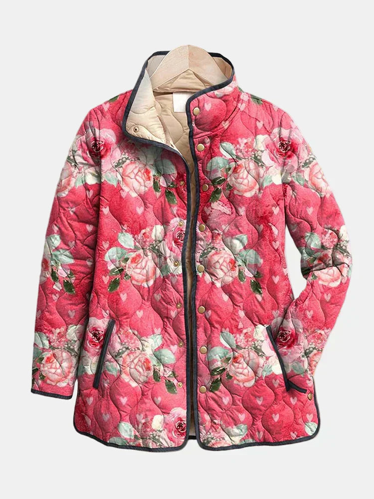 Vintage floral quilted jacket featuring a feminine silhouette, designed for lightweight comfort and warmth, perfect for stylish layering in any season. 3